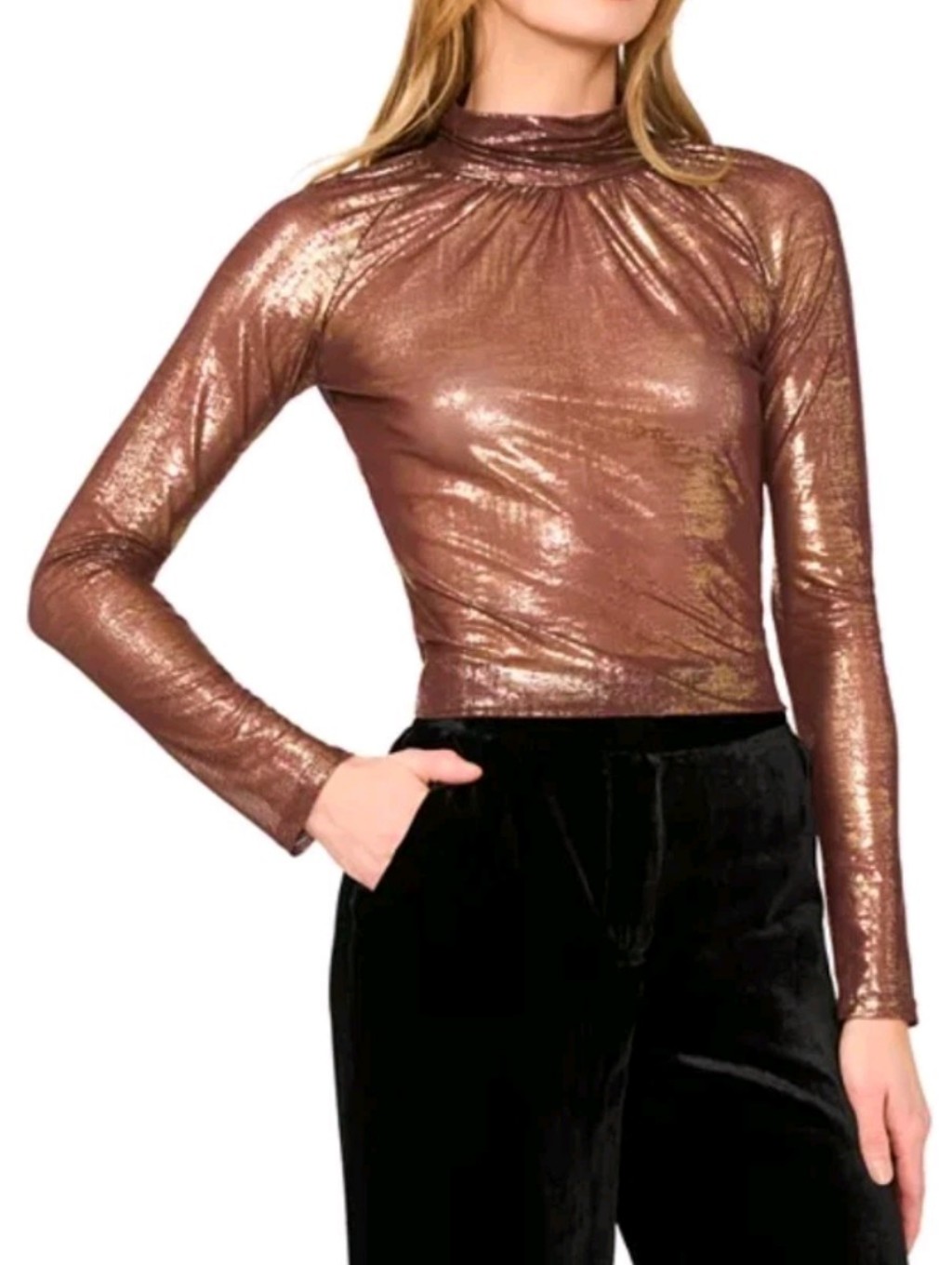 Ted Baker Size Small Gold Metallic Sofina Ruched Turtleneck Top Msrp $135